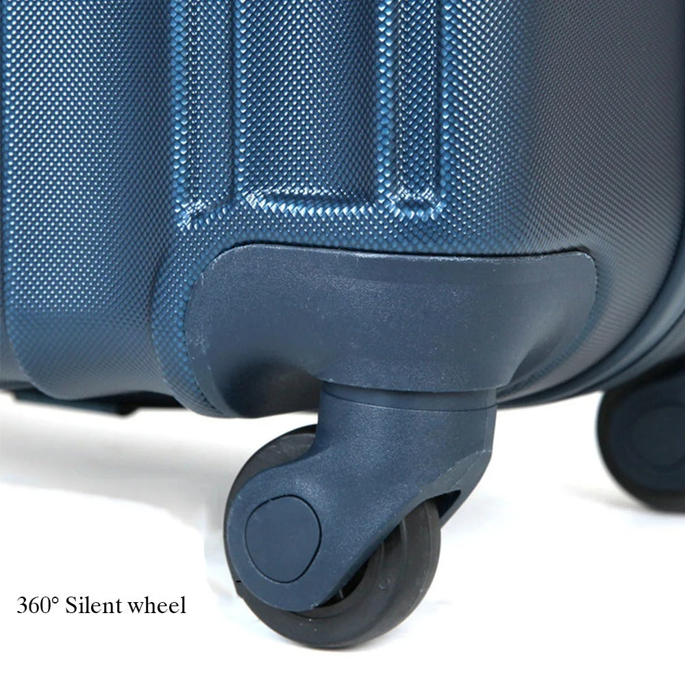 Dark blue hard-shell suitcase with vertical lines and spinner wheels