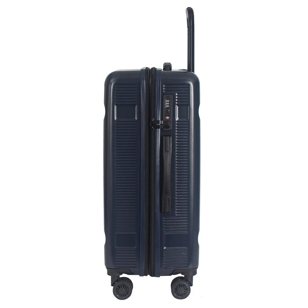Dark blue hard-shell suitcase with ribbed texture