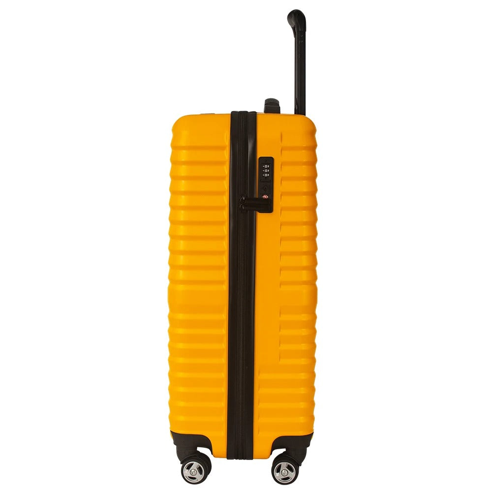Yellow hard-shell suitcase with ribbed texture and spinner wheels