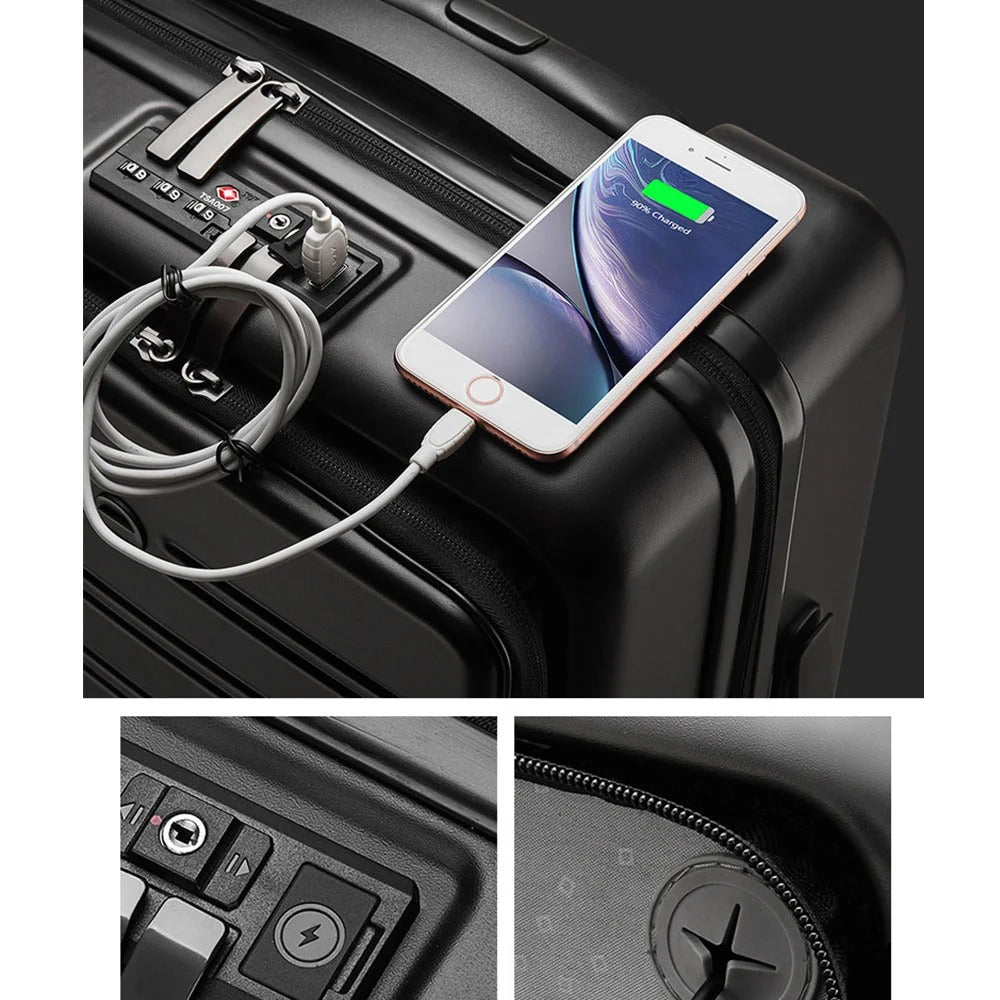 Black hard-shell suitcase with front-opening panel and spinner wheels