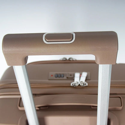 Beige hard-shell suitcase with front opening panel