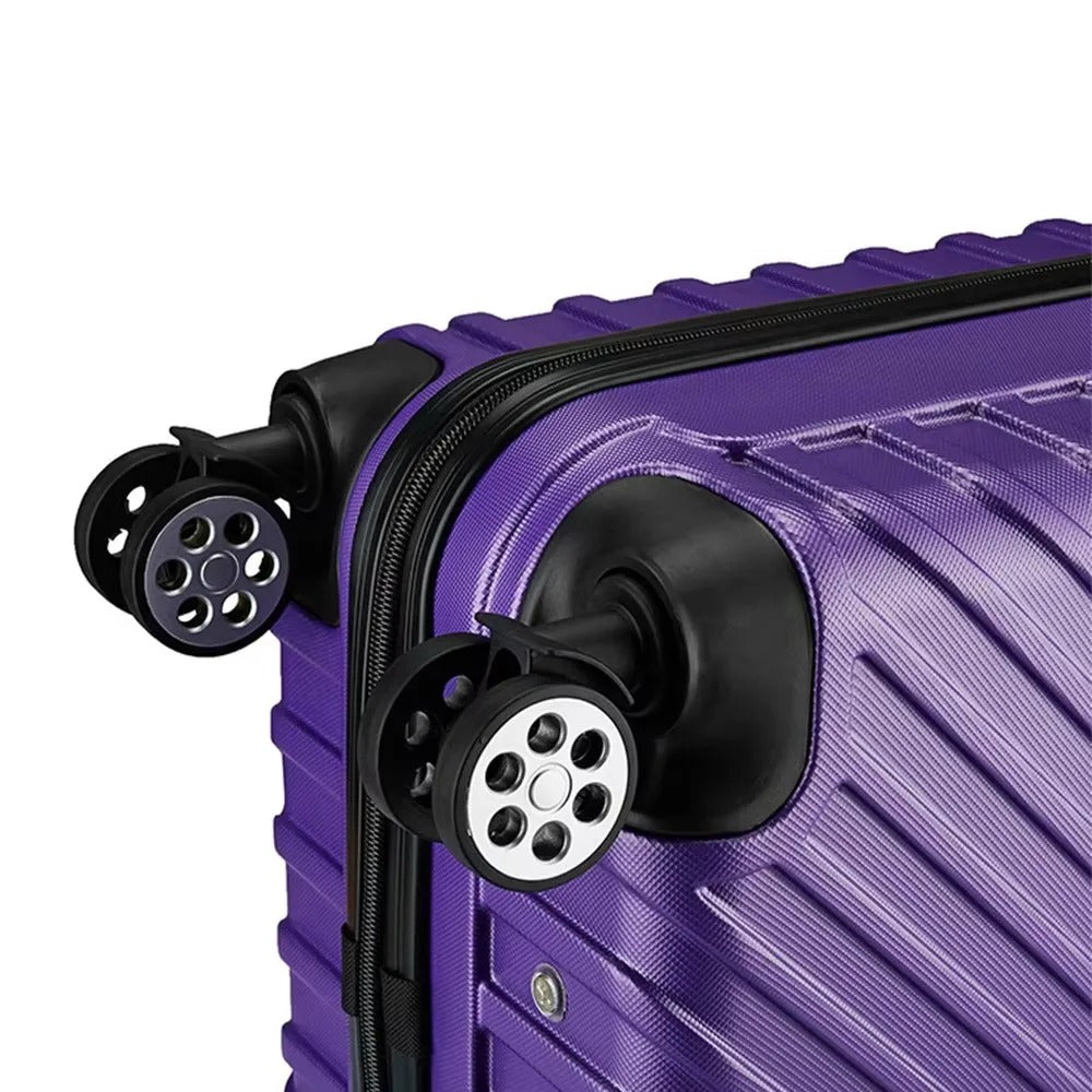 Purple hard-shell suitcase set with diagonal lines and spinner wheels