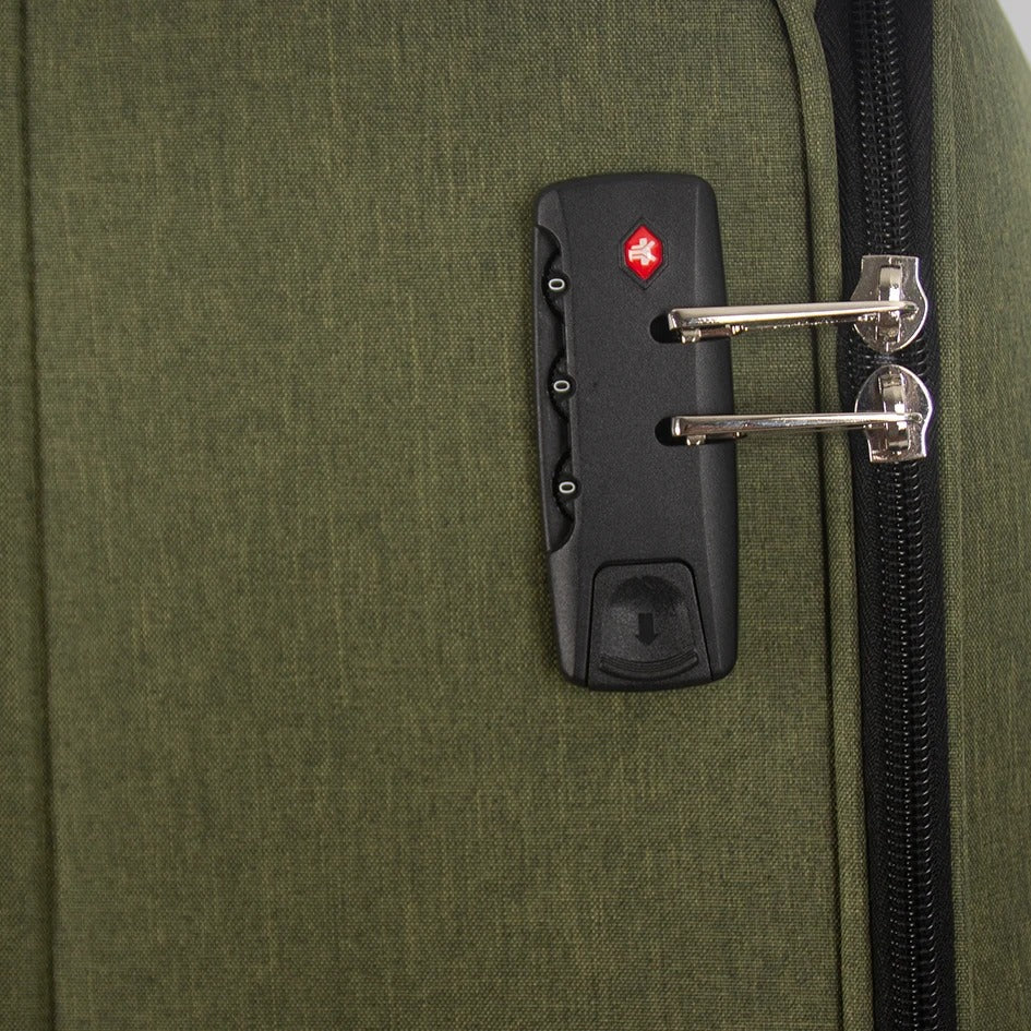 Green soft-shell suitcase with fabric exterior and spinner wheels