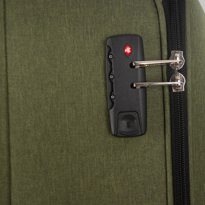 Green soft-shell suitcase with fabric exterior and spinner wheels