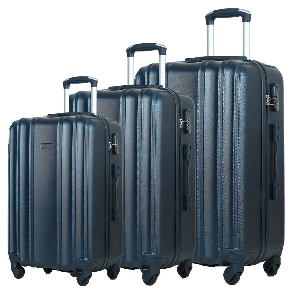Dark blue hard-shell suitcase with vertical lines and spinner wheels