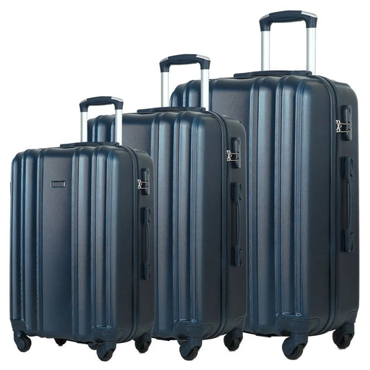 Dark blue hard-shell suitcase with vertical lines and spinner wheels