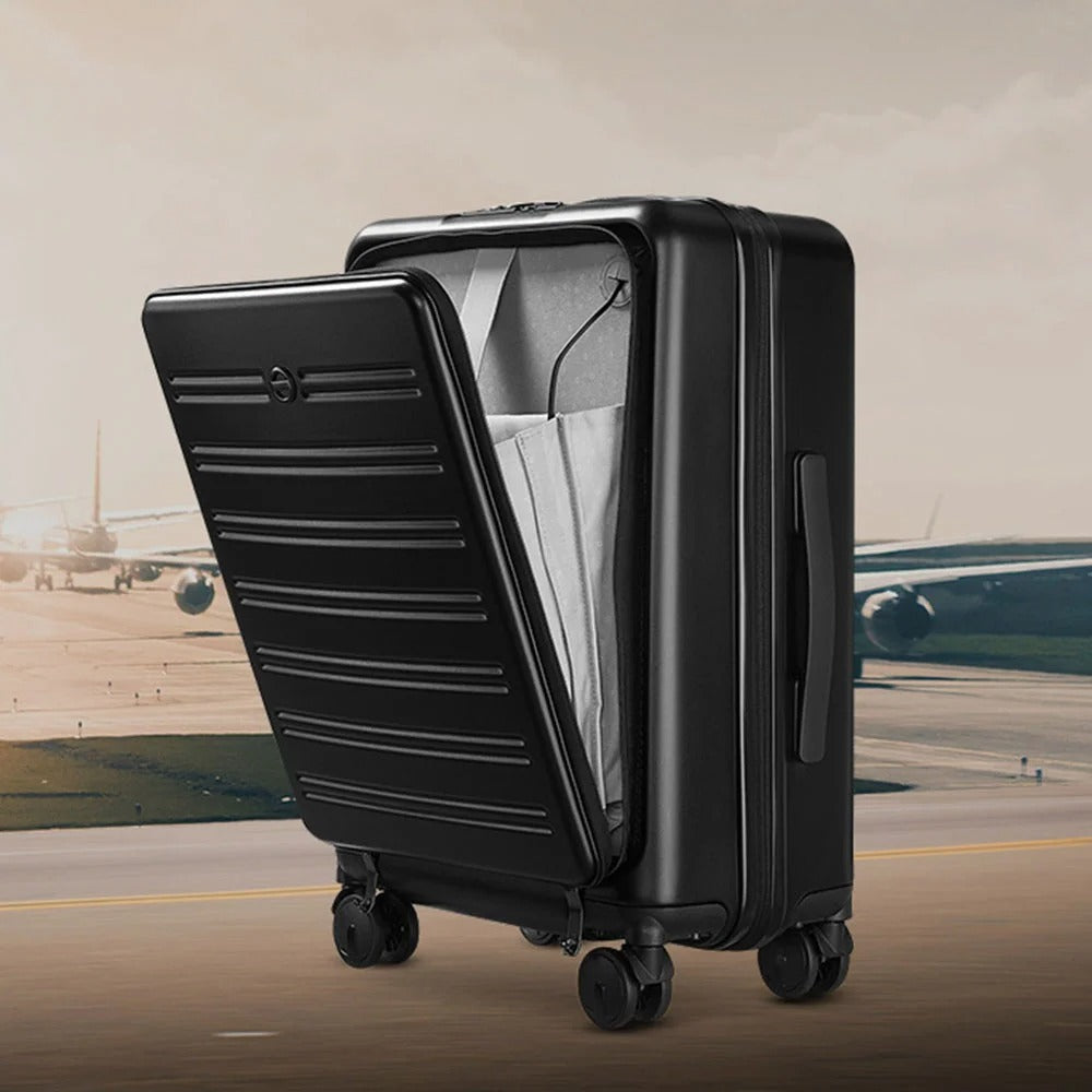 Black hard-shell suitcase with front-opening panel and spinner wheels