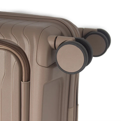 Beige hard-shell suitcase with front opening panel