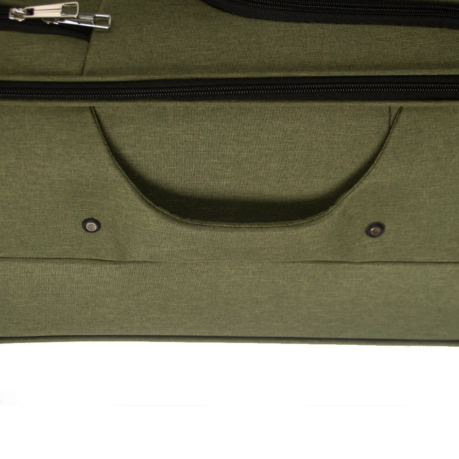 Green soft-shell suitcase with fabric exterior and spinner wheels