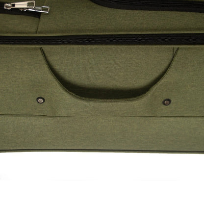 Green soft-shell suitcase with fabric exterior and spinner wheels