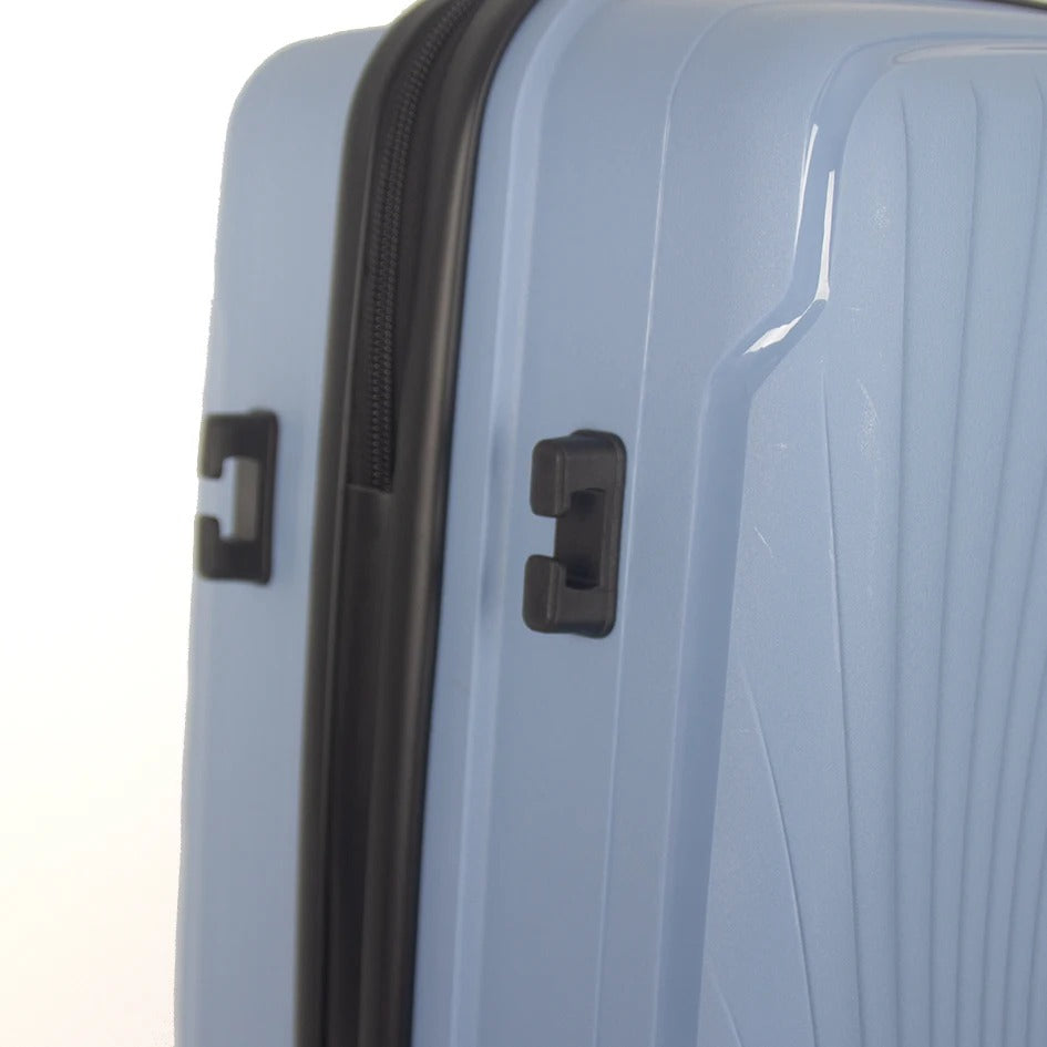 Light blue hard-shell suitcase with TSA lock and spinner wheels