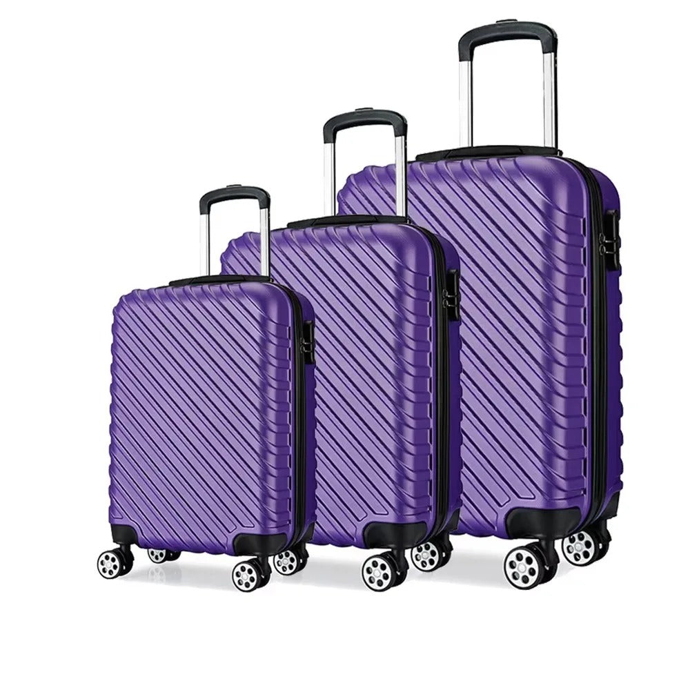 Purple hard-shell suitcase set with diagonal lines and spinner wheels