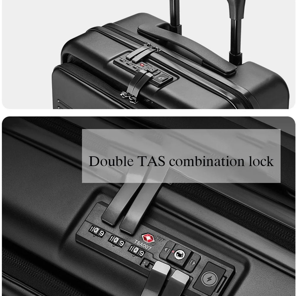 Black hard-shell suitcase with front-opening panel and spinner wheels