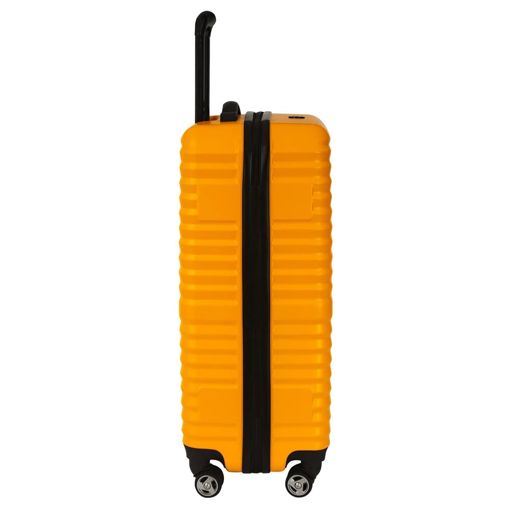 Yellow hard-shell suitcase with ribbed texture and spinner wheels