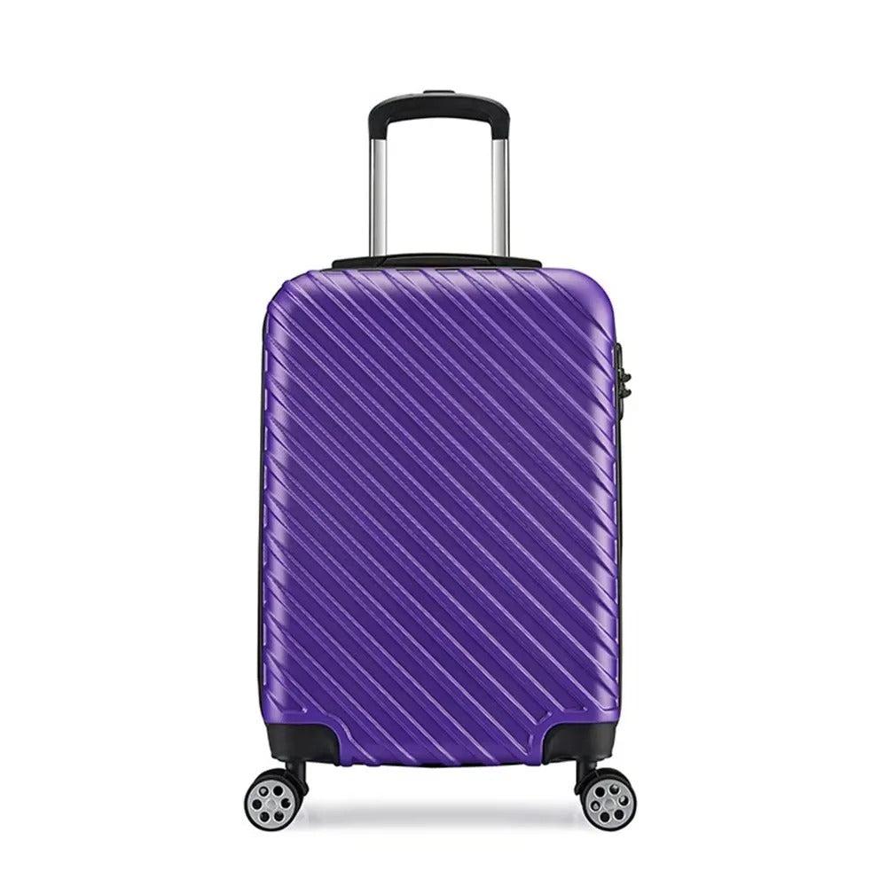 Purple hard-shell suitcase set with diagonal lines and spinner wheels