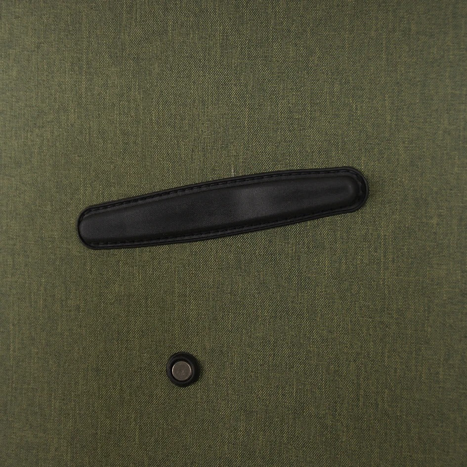 Green soft-shell suitcase with fabric exterior and spinner wheels