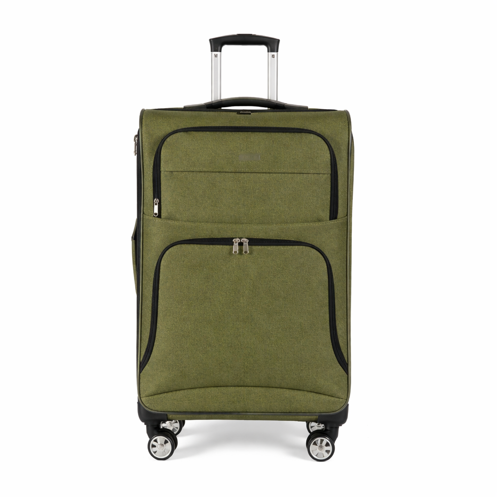 Green soft-shell suitcase with fabric exterior and spinner wheels