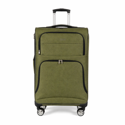 Green soft-shell suitcase with fabric exterior and spinner wheels