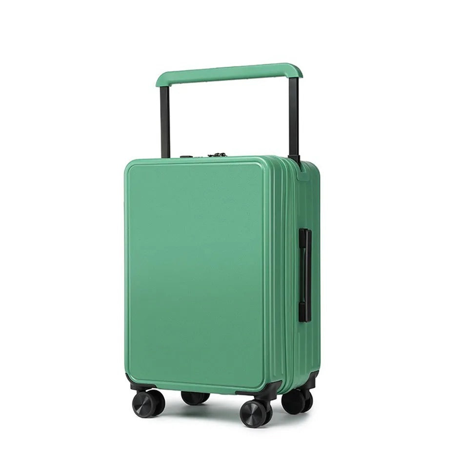 Green hard-shell suitcase with smooth panels and spinner wheels
