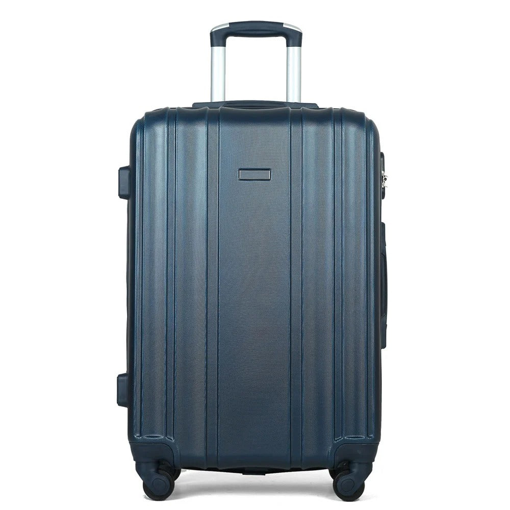 Dark blue hard-shell suitcase with vertical lines and spinner wheels