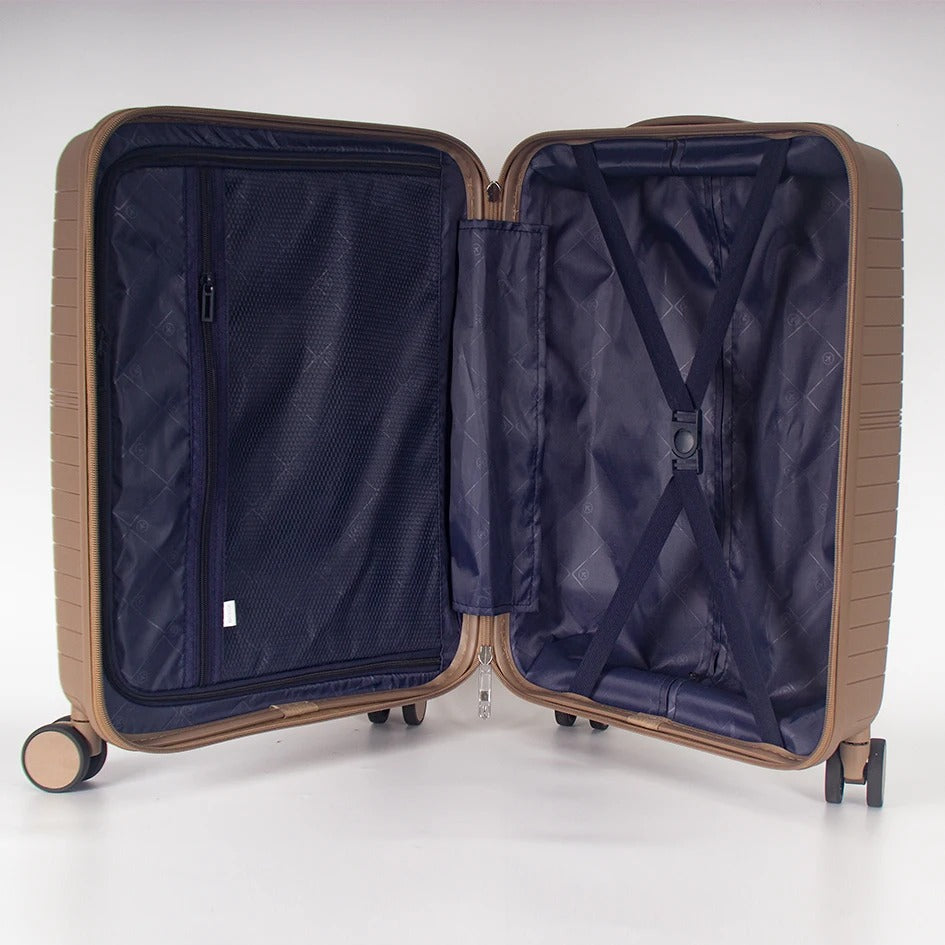 Beige hard-shell suitcase with front opening panel