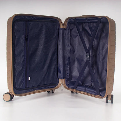 Beige hard-shell suitcase with front opening panel