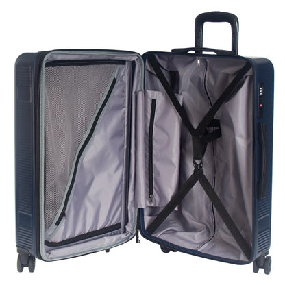 Dark blue hard-shell suitcase with ribbed texture