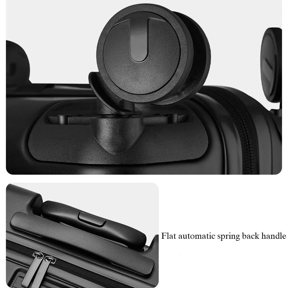 Black hard-shell suitcase with front-opening panel and spinner wheels