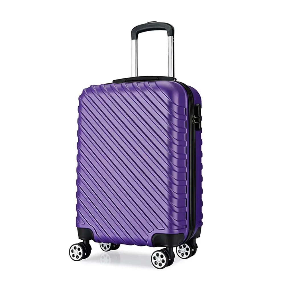 Purple hard-shell suitcase set with diagonal lines and spinner wheels
