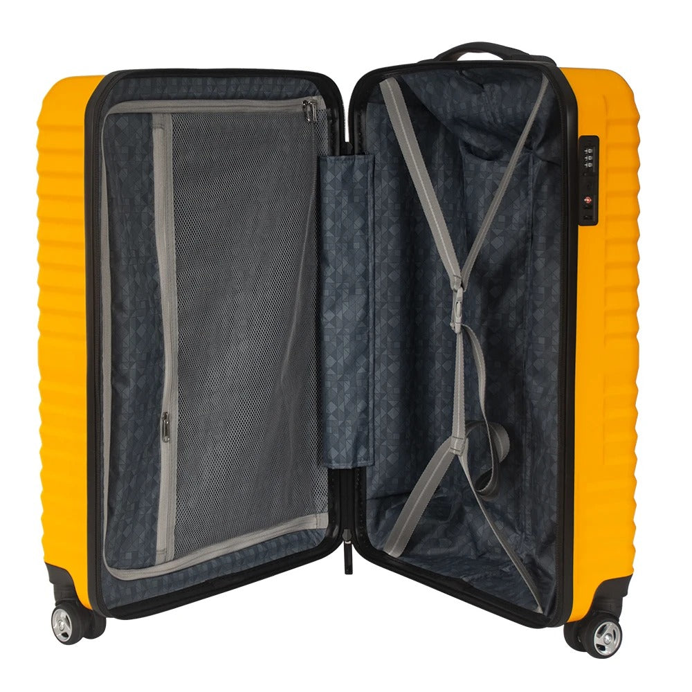 Yellow hard-shell suitcase with ribbed texture and spinner wheels