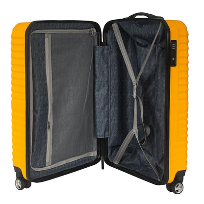 Yellow hard-shell suitcase with ribbed texture and spinner wheels
