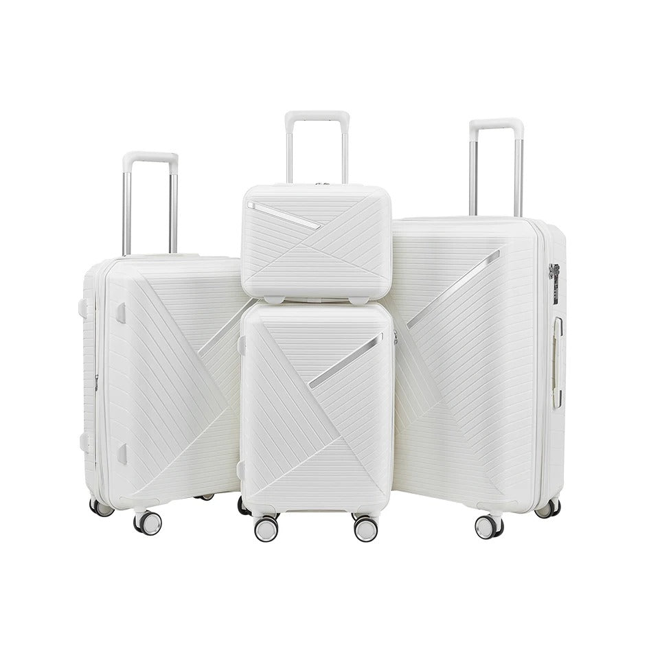 White 4-piece hard-shell suitcase set with ribbed design