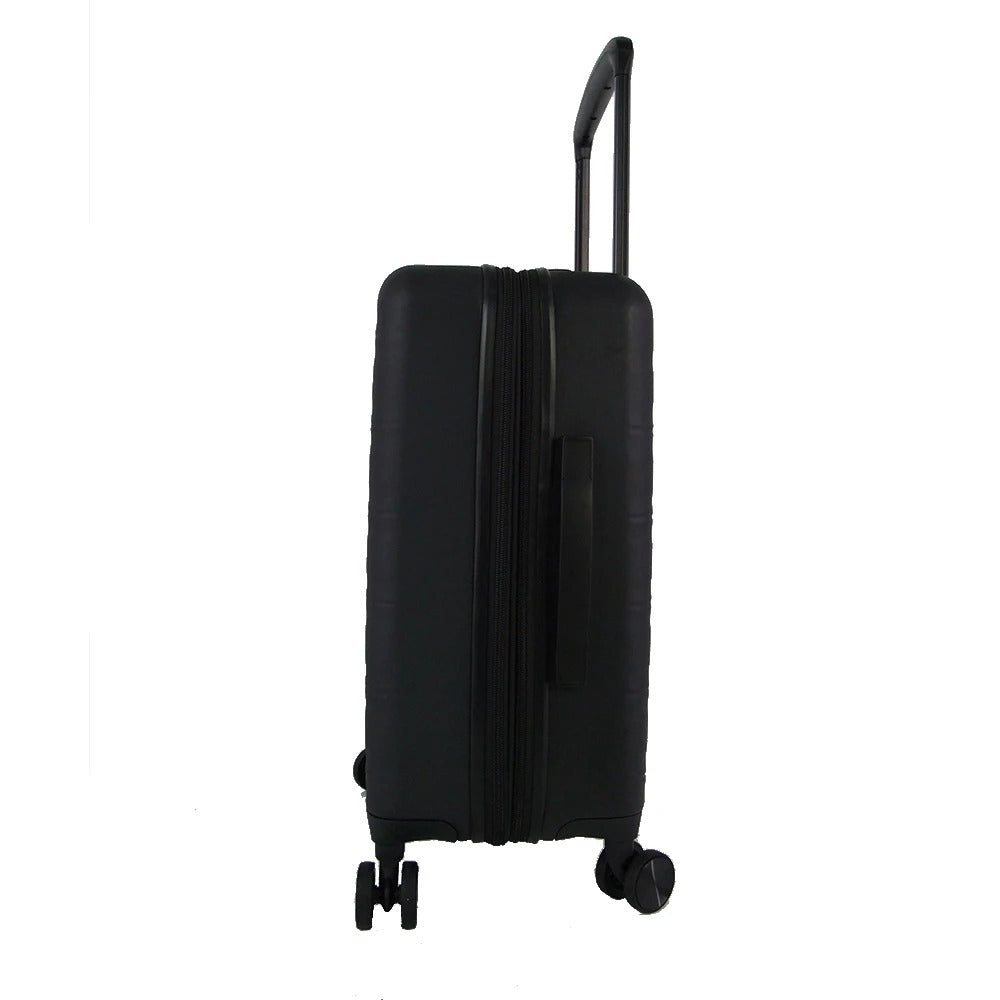Black hard-shell suitcase with ribbed texture and spinner wheels