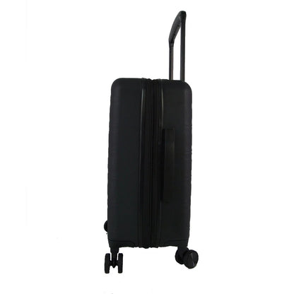 Black hard-shell suitcase with ribbed texture and spinner wheels