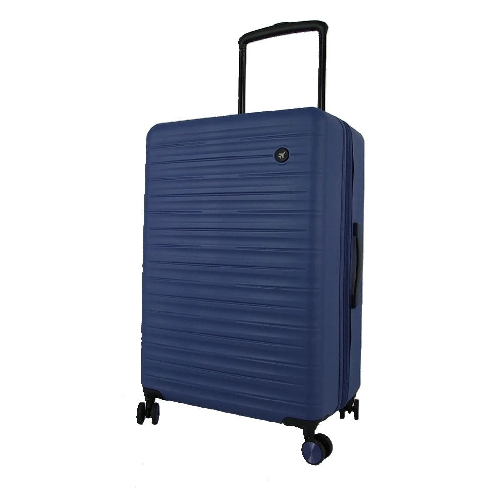 Blue 28-inch hard-shell suitcase with ribbed texture