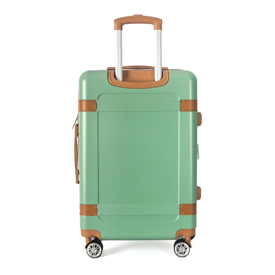 Green 28 inch hard-shell suitcase with brown accents
