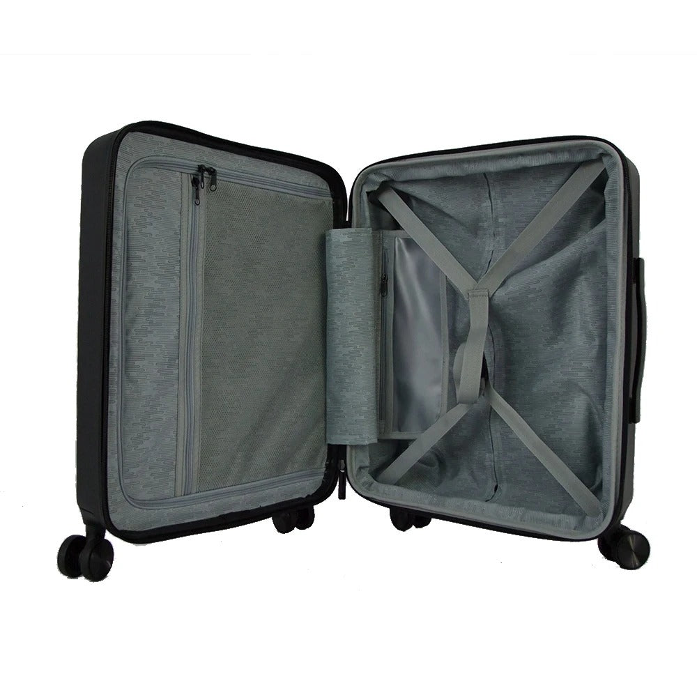 Black hard-shell suitcase with ribbed texture and spinner wheels