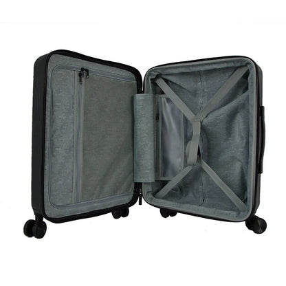 Black hard-shell suitcase with ribbed texture and spinner wheels