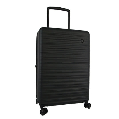 Black hard-shell suitcase with ribbed texture and spinner wheels