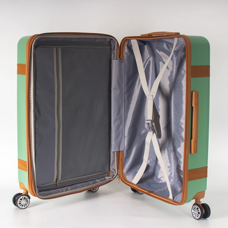 Green 28 inch hard-shell suitcase with brown accents