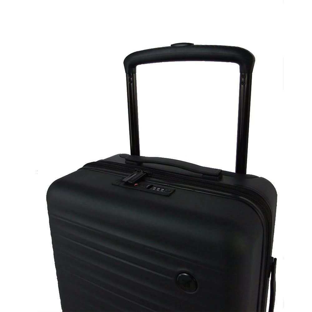 Black hard-shell suitcase with ribbed texture and spinner wheels