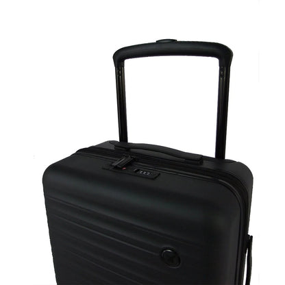 Black hard-shell suitcase with ribbed texture and spinner wheels
