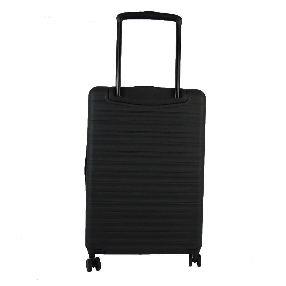Black hard-shell suitcase with ribbed texture and spinner wheels